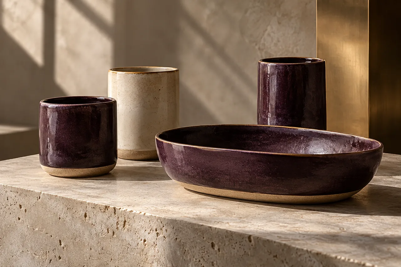 Handmade plum and ivory ceramic cups and a serving bowl on stone
