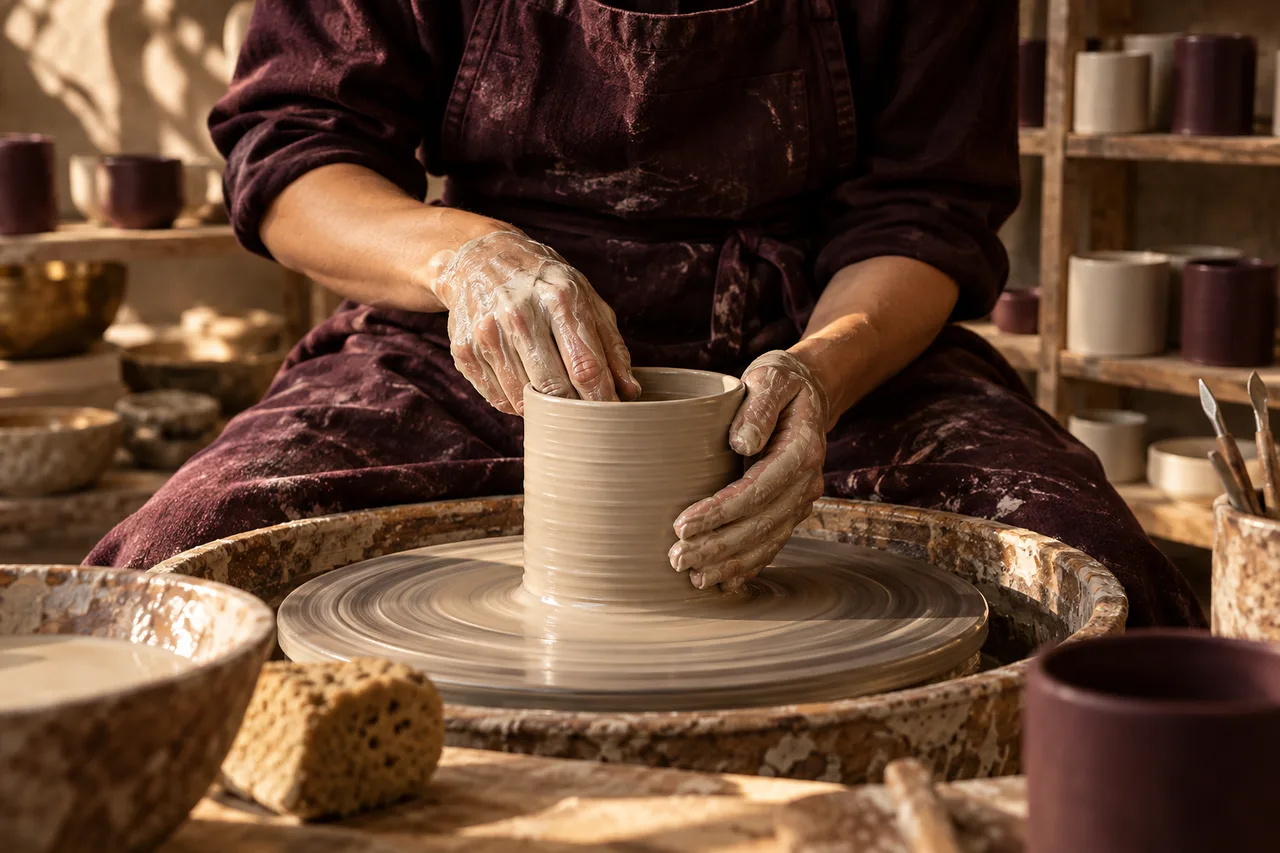 Hands shaping a ceramic cup on a pottery wheel in a sunlit studio
